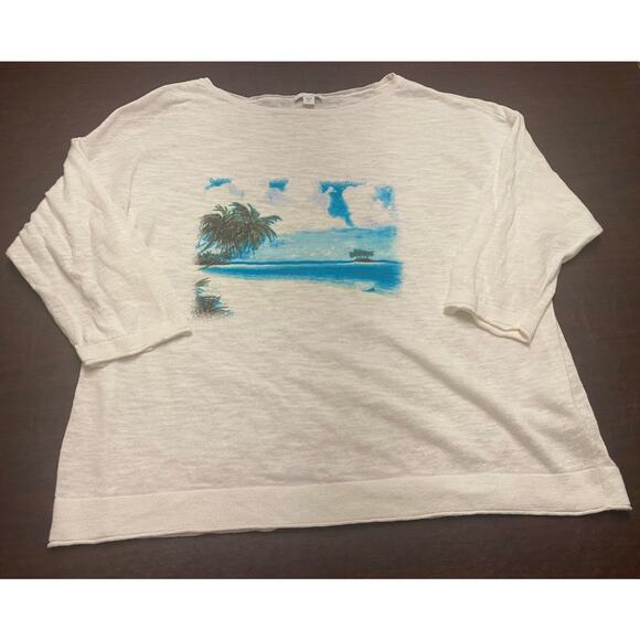 J. Jill Women’s XL Linen Cotton Lightweight Sweater Tropical Beach Scene Coastal - Picture 2 of 9